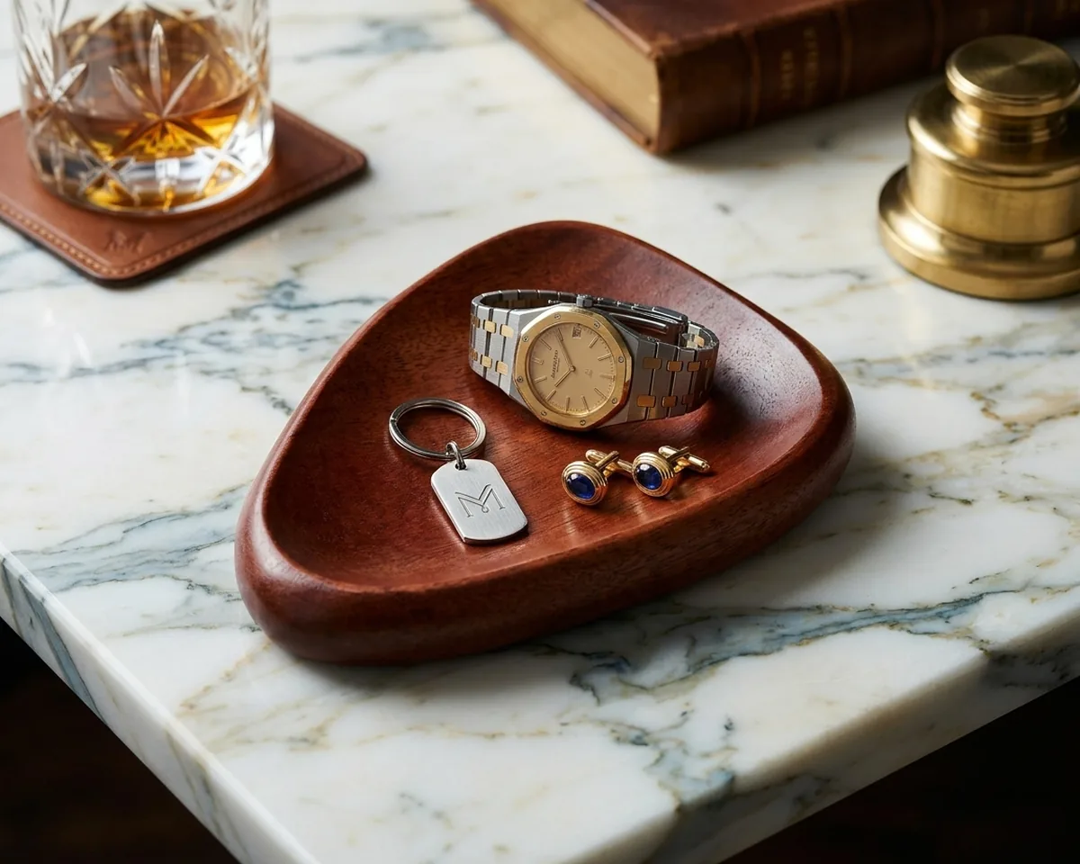 The same wooden trinket dish on a marble counter, holding a watch, cufflinks and a keyring